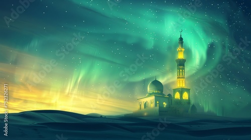 Aurora borealis sky far white mosque with yellow light minimalist style wonderful night