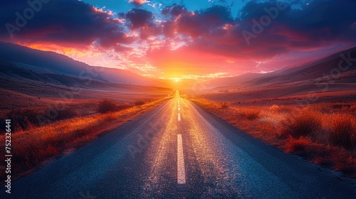 A road heads to a point on the horizon. The sky with sunset
