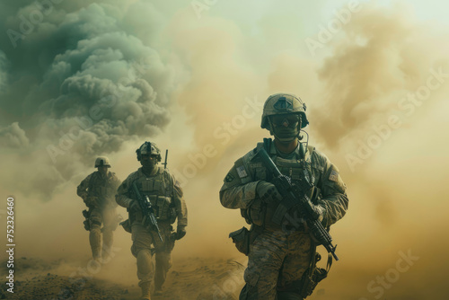 modern soldiers fully equipped facing the camera in a dusty and smoggy environment