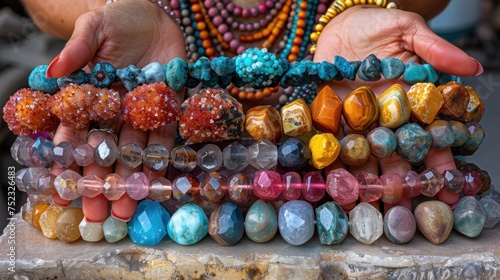 Female hands collect a bracelet from natural stones. A woman or girl and a board for collecting bracelets, necklaces.