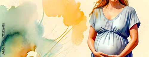 Bright watercolor illustration with splashes of paint on background of banner in a minimalist style with lines drawing outline of pregnant woman. Silhouette of a female pregnant beautiful body, free