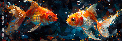 Goldfish in aquarium 3d view,
Digital surreal painting of cute comic fishes
