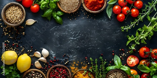 a black slate-like background ingredients such as red tomatoes, green herbs, yellow lemons, garlic, and various grains photo