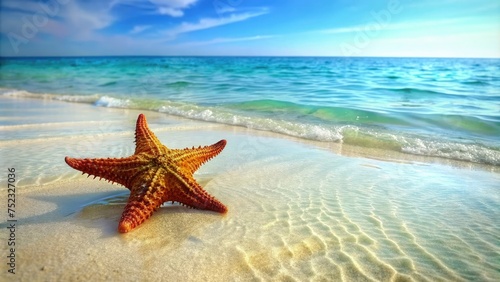 Starfish on the sand beach in clear sea water. Summer background. Summer time .Copy space. Relaxing on the beach.