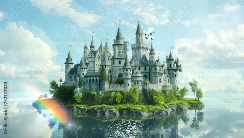 floating castle kingdom island on sky, amazing building for live wallpaper video background looping 4k quality photo