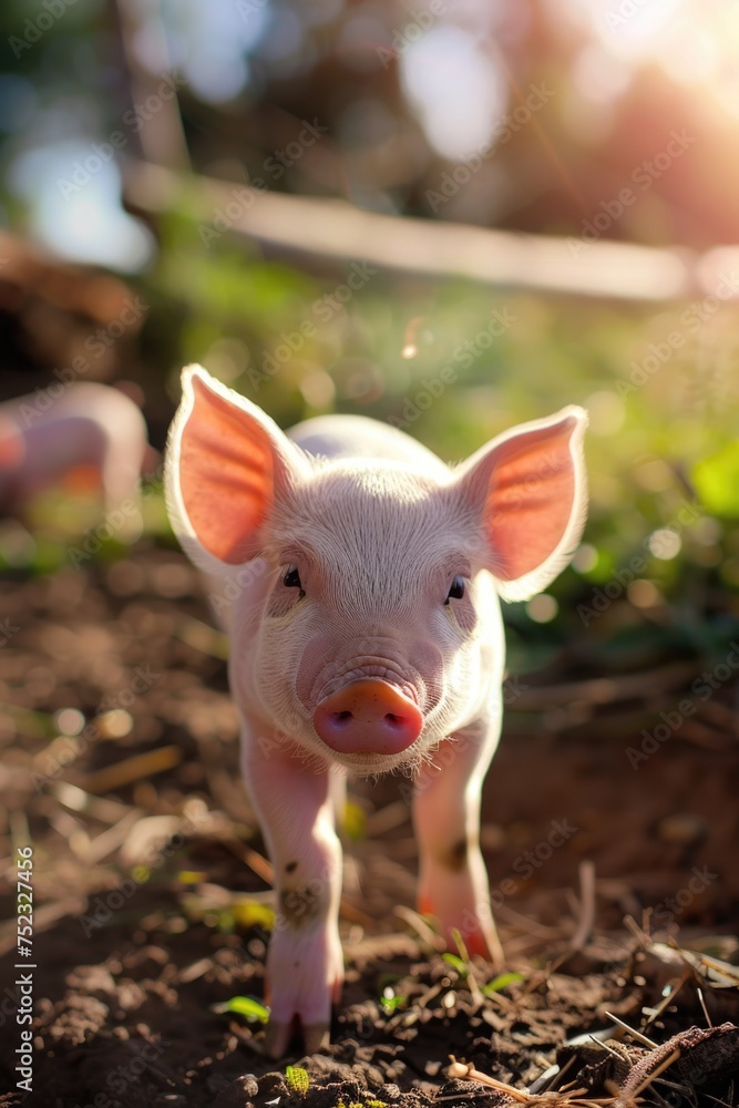 cute baby piglet in the sunlight, organic farm in the morning.