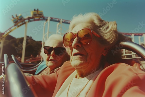 elderly women ridin in a rollercoaster at a fair or theme park, old film style, soft focus
