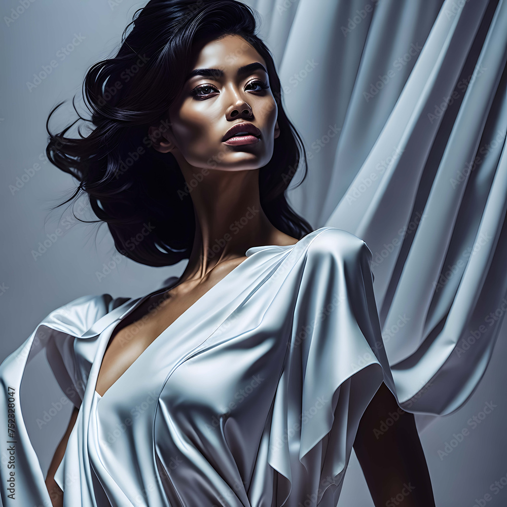 Portrait of a young luxurious dark-skinned girl with dark hair falling in waves over her shoulders and lush lips wearing a ravishing sexy white satin dress scattering side ways