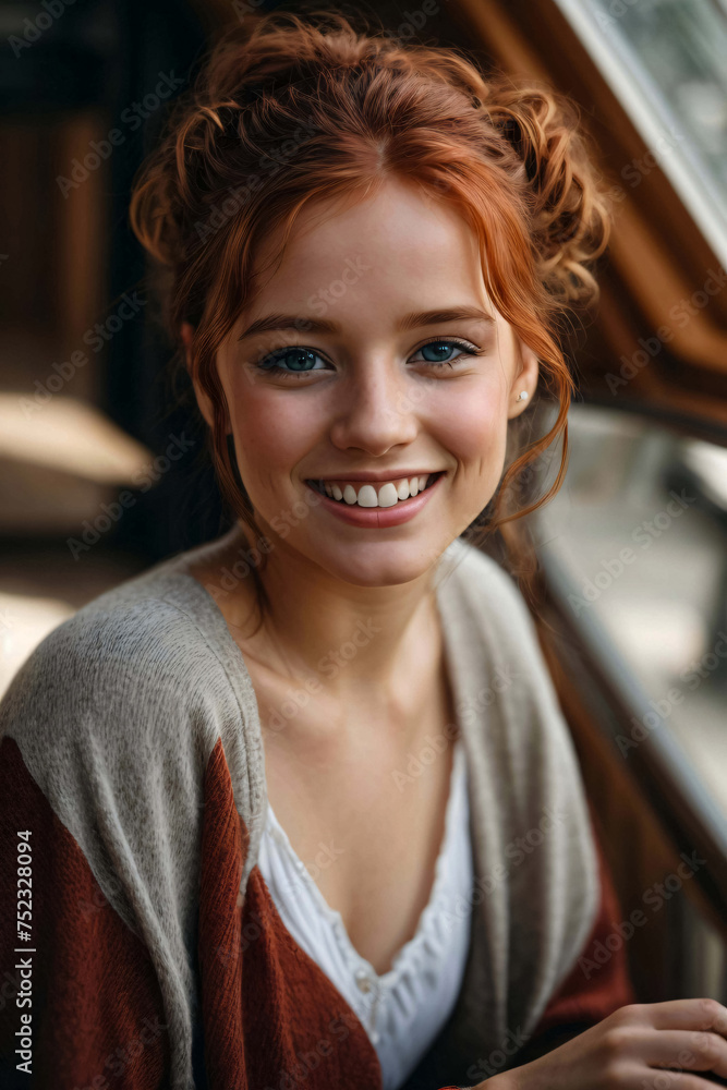 Portrait unveiling enchanting allure of a radiant red-haired beauty, wrapped in a delicate knitted cardigan. Girl with striking green-blue eyes, her flawless smile radiates warmth and charisma. Portrait unveiling enchanting allure of a radiant red-haired beauty, wrapped in a delicate knitted cardigan. Girl with striking green-blue eyes, her flawless smile radiates warmth and charisma.