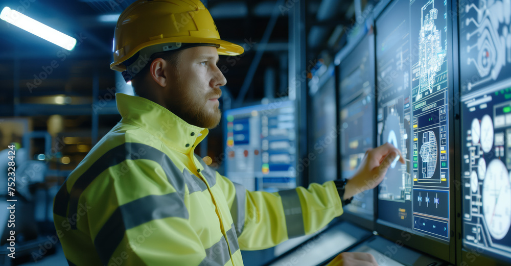 Engineer Operating Advanced Control System. Engineer in high-visibility clothing working with interactive control system monitors.