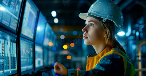Female Engineer Monitoring Data on Screens. A professional female engineer in a hard hat intently monitors multiple data screens in an industrial control room.