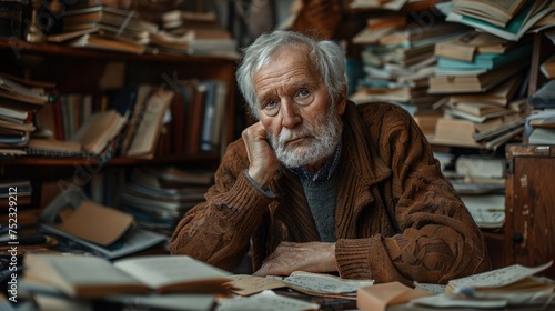 Senior man at home surrounded by notes and personal belongings, trying to recall memories, emphasizing the clutter and confusion photo