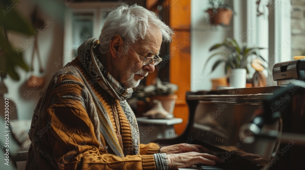 Senior person sitting at a piano, hesitating to play, reflecting the loss of once familiar skills and hobbies due to dementia Senior person sitting at a piano, hesitating to play, reflecting the loss of once familiar skills and hobbies due to dementia