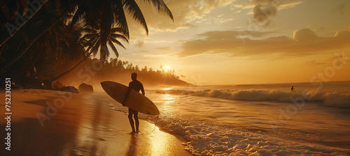 Active surfer man go out ocean waves after surfing with long board on beach sea coast litted with sunset light during golden hour. Exotic vacations, active free people activities and freedom concept
