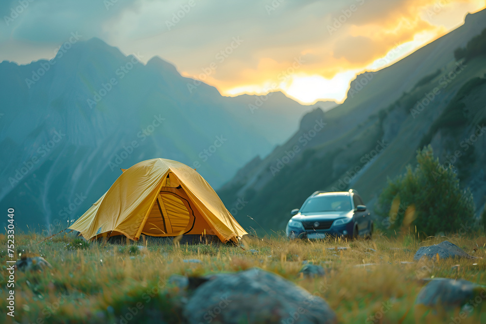 Camping in a wilderness. Car traveling concept