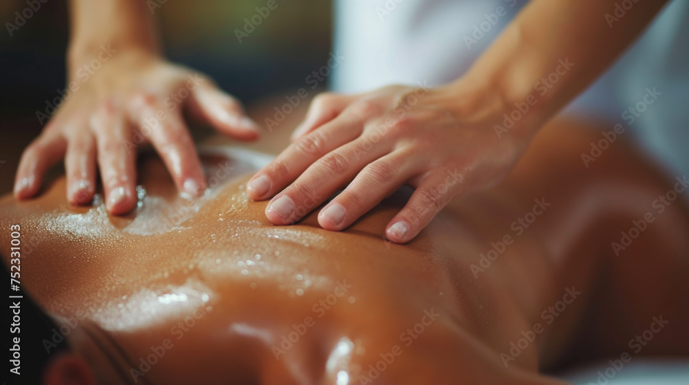 A close-up of a massage in progress, with hands applying pressure on glistening skin, embodying the therapeutic power of touch and the relaxation of a spa treatment A close-up of a massage in progress, with hands applying pressure on glistening skin, embodying the therapeutic power of touch and the relaxation of a spa treatment