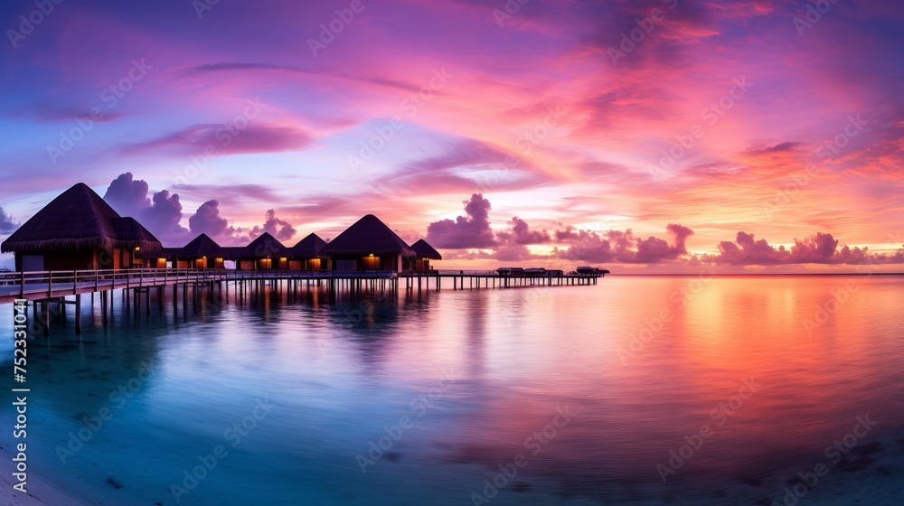 Tranquil Maldivian Sunset: Overwater Bungalows, Ocean Reflections, Romance - Acrylic Painting