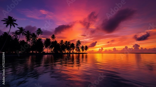 Tranquil Maldivian Sunset: Vibrant Sky Over Calm Ocean, Palm Trees Silhouetted, Wide-Angle Photography © Nazia