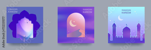 Ramadan Kareem Set of Posters, Holiday Covers, Flyers. Contemporary design in vibrant gradients with mosque, crescent, traditional patterns, arched windows. Vector