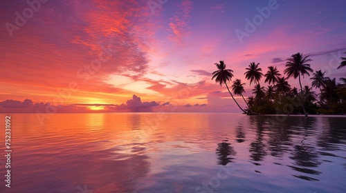 Tranquil Maldivian Sunset: Vibrant Sky Over Calm Ocean, Palm Trees Silhouetted, Wide-Angle Photography