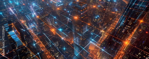 Digital network lines and nodes superimposed on a vibrant night cityscape, symbolizing connectivity 