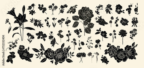 Silhouette art floral minimal collection, Flower shape frame, Black tattoo set of flower, Hand painted bunch of flowers, Spring floral isolated on white background, Floral illustration for design.