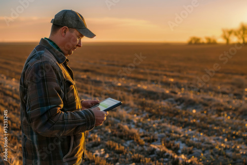 Agronomist Assessing Field Conditions at Sunset Using Digital Tablet for Precision Farming