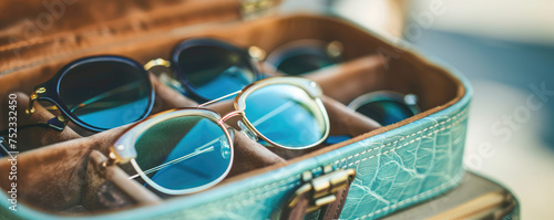 Modern Eyeglasses on Leather Case. Close-up of transparent glasses in a compact case, Elegant vision correction glasses, copy space. 