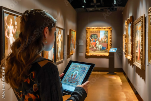Art Enthusiast Engaging with Interactive Digital Guide at Museum Exhibit