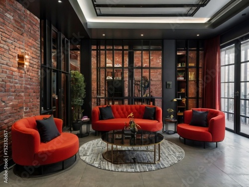 Creative office with wooden doors, round sofa red color and tables, with black roof, back wall made up of bricks vase