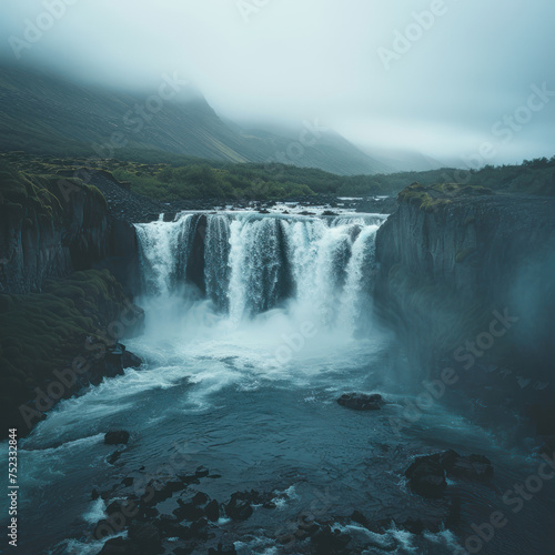 a huge waterfall  high up in the clouds with blue sky  in the style of dark white 