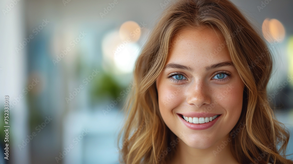 The camera captures the captivating smile of a young woman with striking blue eyes and flawless skin, set against a soft and blurred interior backdrop The camera captures the captivating smile of a young woman with striking blue eyes and flawless skin, set against a soft and blurred interior backdrop