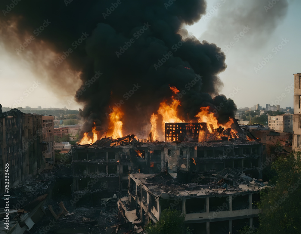 Fototapeta premium Warzone cityscape with fire and destruction