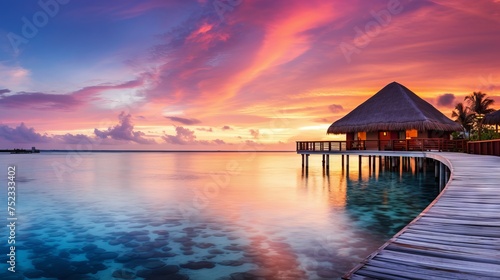 Exquisite Maldives Sunset: Luxury Resort Villas Amidst Colorful Skies, Canon RF 50mm Capture