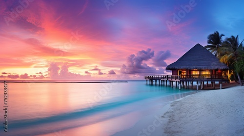 Exquisite Maldives Sunset: Luxury Resort Villas Amidst Colorful Skies, Canon RF 50mm Capture © Nazia