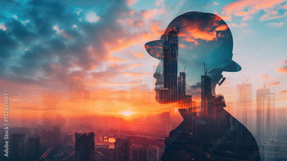 The double exposure image of construction worker and wearing construction uniform against the background of surreal construction site in the city, generative ai