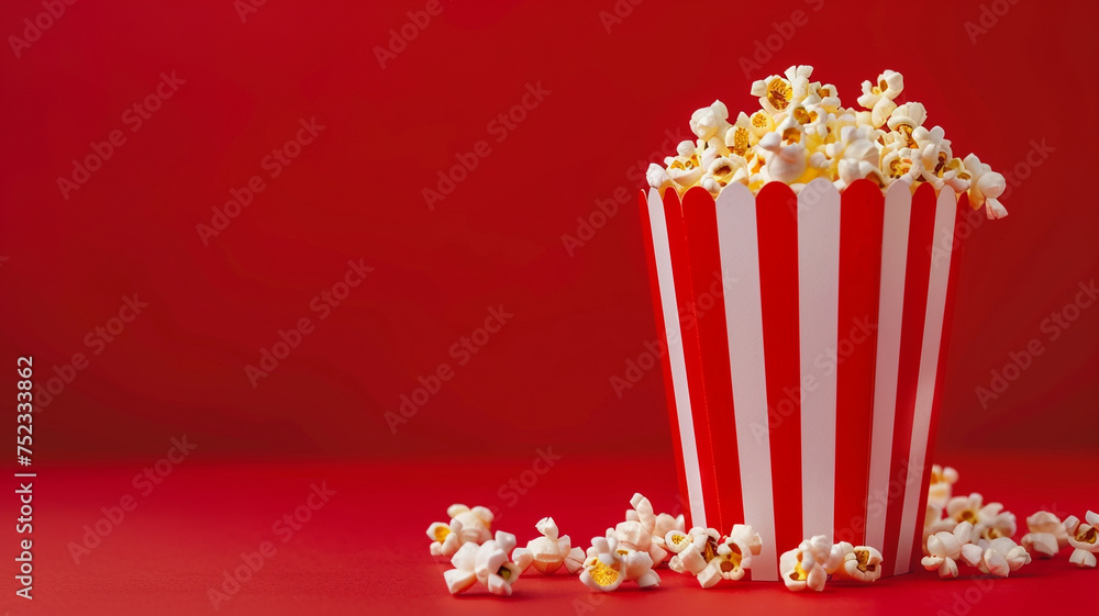 A vibrant image of a classic striped popcorn box overflowing on a bold red background, evoking the timeless appeal of movie-going experiences.
