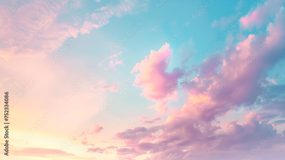 A serene skyscape with soft pastel hues, where the gentle interplay of light and clouds creates a tranquil and dreamy atmosphere.