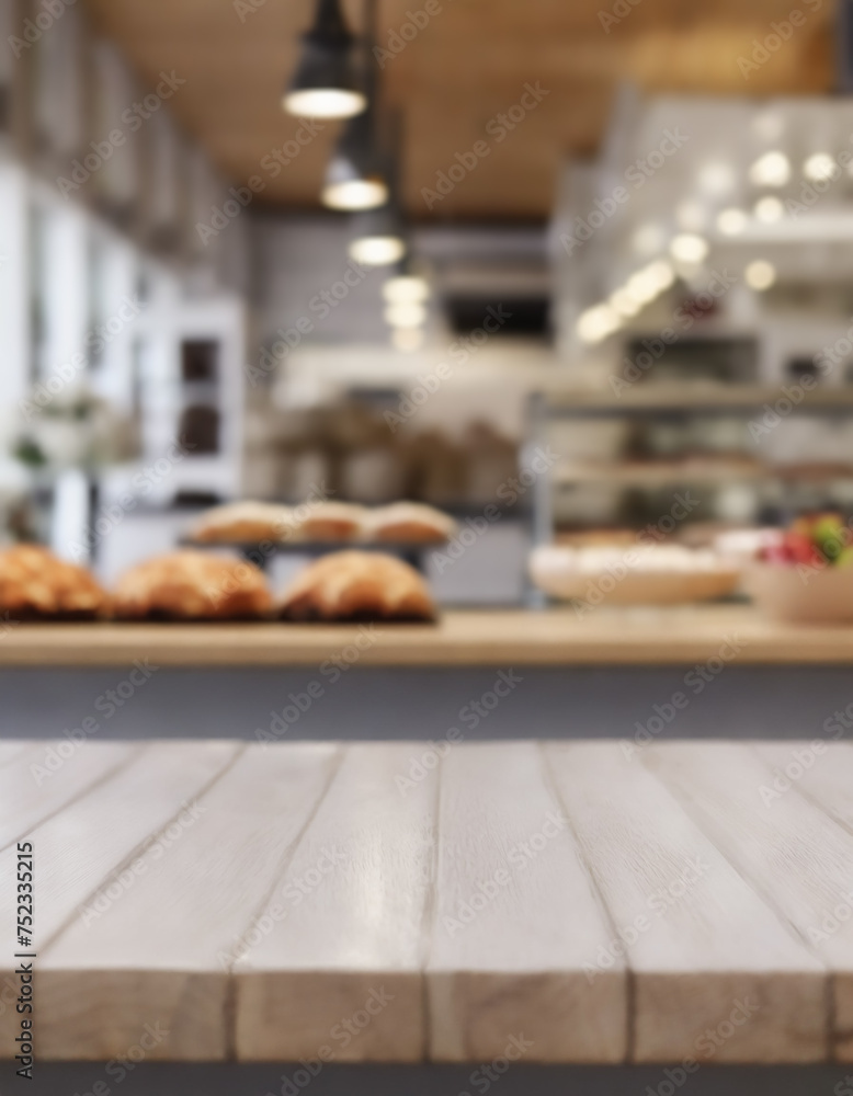 Empty wooden countertop in an organic and eco-friendly bakery with shelves of dairy products, bread and confectionery for shopping, healthy food, ideal for product montage, space for text
