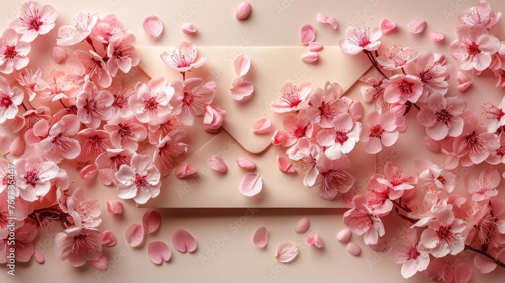 An envelope with delicate cherry blossom petals on a beige background. Spring vertical mock up