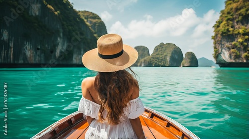 Happy Tourist Woman in White Summer Dress Relaxing on Boat at Stunning Phi Phi Islands, Krabi: Travel Concept for Thailand
