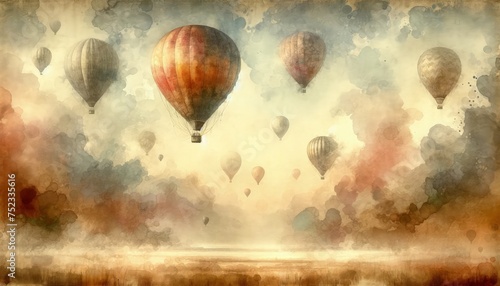 Vintage Hot Air Balloons Soaring Over Old World Landscape. illustration Wallpaper 