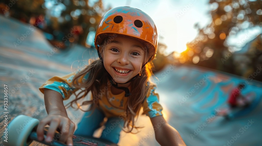 girls enjoy skateboarding or surfing by squatting, extreme sports and even wearing helmets, elbow pads, wrist and knee supports to protect their body safety girls enjoy skateboarding or surfing by squatting, extreme sports and even wearing helmets, elbow pads, wrist and knee supports to protect their body safety