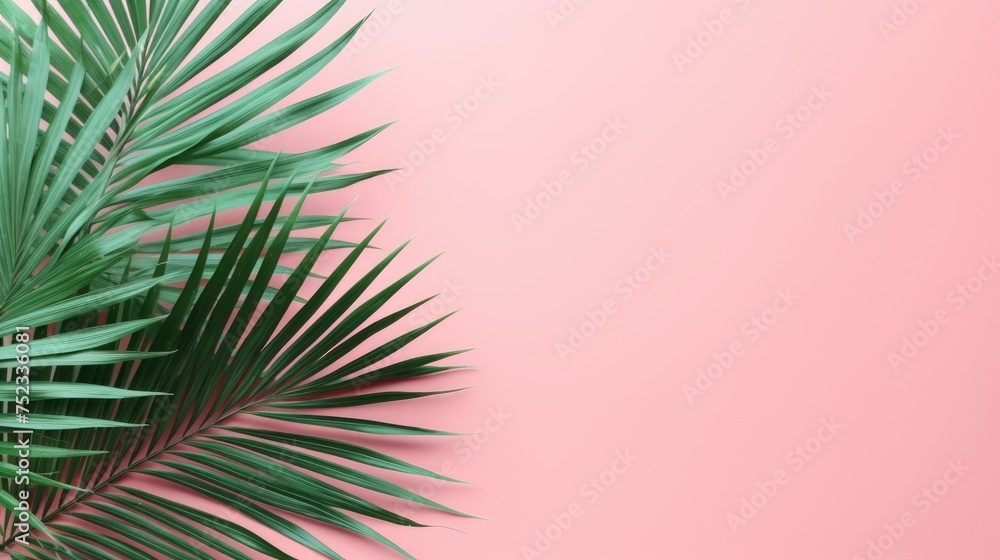A palm tree with tropical leaves on a pink background with a place to copy text, an even layer of green tropical leaves. The concept of recreation, tourism, and sea travel. A palm tree with tropical leaves on a pink background with a place to copy text, an even layer of green tropical leaves. The concept of recreation, tourism, and sea travel.