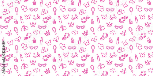seamless, pink pattern. Pattern with contour details for a girl. Shoes, lipstick, earrings, glasses, jewelry, heart. Print on textiles, paper, banner. art vector illustration. barbie  style