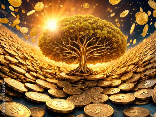 Gold coins with a gold tree representing crypto market