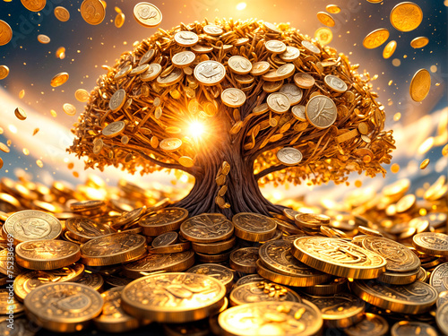 Wallpaper Mural Gold coins with a gold tree representing crypto market Torontodigital.ca