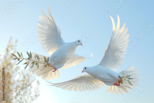 A pair of pristine white doves in flight against a clear blue sky, carrying olive branches as a universal symbol of peace for International Day for Mine Awareness. © SardarMuhammad