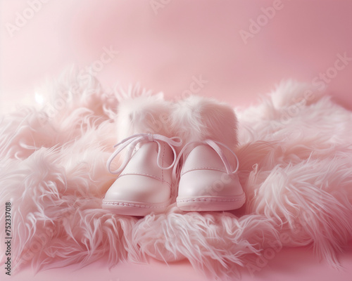 Newborn baby girl boots on a  soft and fluffy pink fur blanket on a light pink background. Minimal baby girl shower invitation, greeting card... Welcome baby girl