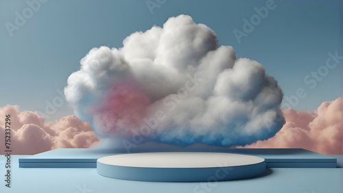 Cloud background podium blue 3d product sky white display platform render abstract stage pastel scene. Podium stand light minimal cloud background studio dreamy pedestal backdrop png smoke geometric
